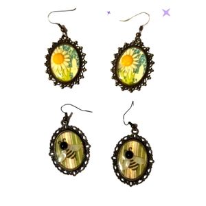 2 pairs of bronze dangle earrings bumble bees flowers